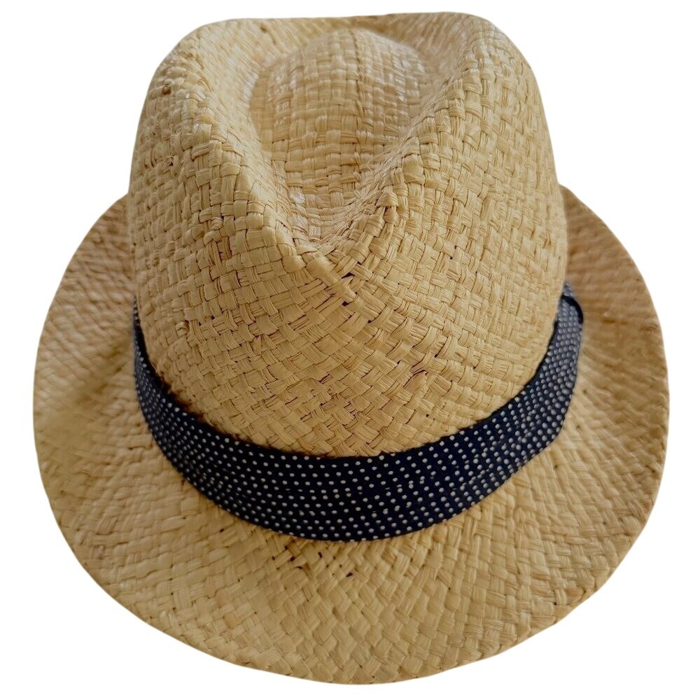 Old Navy Womens Straw Fedora Hat Tan Navy Polka Dot Band L-XL Summer Sun Hat